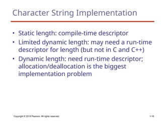 Copyright © 2018 Pearson. All rights reserved. 1-16
Character String Implementation
• Static length: compile-time descriptor
• Limited dynamic length: may need a run-time
descriptor for length (but not in C and C++)
• Dynamic length: need run-time descriptor;
allocation/deallocation is the biggest
implementation problem
 