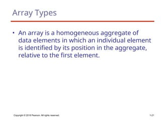 Copyright © 2018 Pearson. All rights reserved. 1-21
Array Types
• An array is a homogeneous aggregate of
data elements in which an individual element
is identified by its position in the aggregate,
relative to the first element.
 