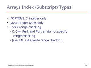 Copyright © 2018 Pearson. All rights reserved. 1-24
Arrays Index (Subscript) Types
• FORTRAN, C: integer only
• Java: integer types only
• Index range checking
- C, C++, Perl, and Fortran do not specify
range checking
- Java, ML, C# specify range checking
 