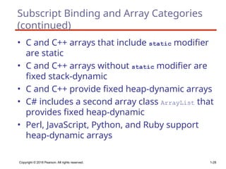 Copyright © 2018 Pearson. All rights reserved. 1-28
Subscript Binding and Array Categories
(continued)
• C and C++ arrays that include static modifier
are static
• C and C++ arrays without static modifier are
fixed stack-dynamic
• C and C++ provide fixed heap-dynamic arrays
• C# includes a second array class ArrayList that
provides fixed heap-dynamic
• Perl, JavaScript, Python, and Ruby support
heap-dynamic arrays
 