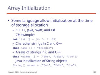 Copyright © 2018 Pearson. All rights reserved. 1-29
Array Initialization
• Some language allow initialization at the time
of storage allocation
– C, C++, Java, Swift, and C#
– C# example:
int list [] = {4, 5, 7, 83}
– Character strings in C and C++
char name [] = ″freddie″;
– Arrays of strings in C and C++
char *names [] = {″Bob″, ″Jake″, ″Joe″];
– Java initialization of String objects
String[] names = {″Bob″, ″Jake″, ″Joe″};
 