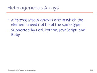 Copyright © 2018 Pearson. All rights reserved. 1-30
Heterogeneous Arrays
• A heterogeneous array is one in which the
elements need not be of the same type
• Supported by Perl, Python, JavaScript, and
Ruby
 