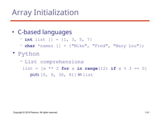 Array Initialization
• C-based languages
– int list [] = {1, 3, 5, 7}
– char *names [] = {″Mike″, ″Fred″, ″Mary Lou″};
• Python
– List comprehensions
list = [x ** 2 for x in range(12) if x % 3 == 0]
puts [0, 9, 36, 81] in list
Copyright © 2018 Pearson. All rights reserved. 1-31
 