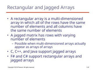 Copyright © 2018 Pearson. All rights reserved. 1-33
Rectangular and Jagged Arrays
• A rectangular array is a multi-dimensioned
array in which all of the rows have the same
number of elements and all columns have
the same number of elements
• A jagged matrix has rows with varying
number of elements
– Possible when multi-dimensioned arrays actually
appear as arrays of arrays
• C, C++, and Java support jagged arrays
• F# and C# support rectangular arrays and
jagged arrays
 