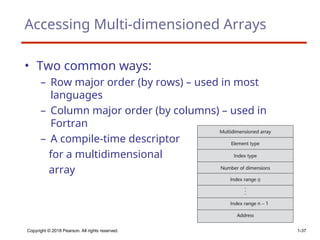 Copyright © 2018 Pearson. All rights reserved. 1-37
Accessing Multi-dimensioned Arrays
• Two common ways:
– Row major order (by rows) – used in most
languages
– Column major order (by columns) – used in
Fortran
– A compile-time descriptor
for a multidimensional
array
 