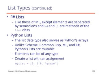 List Types (continued)
• F# Lists
– Like those of ML, except elements are separated
by semicolons and hd and tl are methods of the
List class
• Python Lists
– The list data type also serves as Python’s arrays
– Unlike Scheme, Common Lisp, ML, and F#,
Python’s lists are mutable
– Elements can be of any type
– Create a list with an assignment
myList = [3, 5.8, "grape"]
Copyright © 2018 Pearson. All rights reserved. 1-52
 