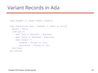 Variant Records in Ada
type Payment is (Cash, Check, Credit);
type Transaction (pay : Payment := Cash) is record
amount : Real;
case pay is
when Cash => discount : Boolean;
when Check => checknum : Positive;
when Credit =>
cardnum : String (1..16);
expiration : String (1..8);
end case;
end record;
Copyright © 2018 Pearson. All rights reserved. 1-57
 