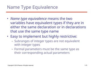 Name Type Equivalence
• Name type equivalence means the two
variables have equivalent types if they are in
either the same declaration or in declarations
that use the same type name
• Easy to implement but highly restrictive:
– Subranges of integer types are not equivalent
with integer types
– Formal parameters must be the same type as
their corresponding actual parameters
Copyright © 2018 Pearson. All rights reserved. 1-75
 