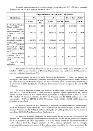 O quadro abaixo demonstra as metas fixadas para os exercícios de 2013 a 2015 e os resultados
alcançados em 2013 e 2014, a preços médios de 2015.
Preços Médios de 2015 - IGP-DI - R$ milhões
Discriminação 2013 2014 2015 = Lei 14.568/14
Valor
% PIB-
RS
Valor PIB-RS Valor PIB-RS
I - Resultado Primário
Fixado na LDO
1.833,91 0,50 1.493,84 0,39 1.807,49 0,48
II - Resultado
Primário Obtido 2013
e 2014 e Meta de
2015
691,77 0,20 (570,57) (0,16) 1.807,49 0,48
III – 2013 e 2014
Resultados Obtidos (-
) Meta (II - I )
(1.142,13) (0,30) (2.064,41) (0,55) - -
IV - Resultado
Nominal (*) Obtido
2013 e 2014 e Meta
de 2015
3.683,72 1,07 5.155,46 1,48 4.129,43 1,10
V - Dívida Líquida
Apurada 2013 e
2014 e prevista para
2015
59.213,03 17,72 62.132,28 17,81 61.856,40 16,92
Nota (*): valor
deficitário
Em relação ao exercício financeiro de 2013, os resultados obtidos estão analisados na Lei
Estadual 14.568/14, que estabeleceu as Diretrizes Orçamentárias para a elaboração do Orçamento do
exercício econômico-financeiro de 2015.
Conforme consta no Anexo de Metas Fiscais da Lei Estadual nº 14.266/13, na projeção das
metas para 2014, foram considerados os mesmos parâmetros de inflação e crescimento do PIB do Brasil
que foram utilizados pela União na projeção das metas constantes no PLDO da União para elaboração
do orçamento de 2014. Também, foi considerada, dentre outras variáveis, a expansão de 4,5% do PIB
do Estado.
As metas de Resultado Primário e de Resultado Nominal para o exercício de 2014, fixadas por
meio da LDO 2014 (Lei Estadual 14.266/13) foram as seguintes: superavit primário de R$ 1.419,46
milhões e deficit nominal de R$ 4.760,41 milhões, equivalentes a, respectivamente, 0,39% e 1,31% do
PIB Estadual. O Resultado Primário de 2014 foi deficitário em R$ 542,16 milhões, esse valor
corresponde a -0,16% do PIB/RS de 2014. O resultado obtido foi R$ 1.961,62 milhões inferior ao
estipulado na meta fiscal.
As Receitas Primárias de 2014, eliminadas as transferências intraorçamentárias, evoluíram para
R$ 38.897,51 milhões, representando 11,73% do PIB Estadual, crescimento nominal de 9,90% sobre as
Receitas Primárias, de R$ 35.592,28 milhões, alcançadas em 2013, porém, ficou 3,44% abaixo da
previsão de R$ 40.283,76 milhões conforme fixado na meta.
As Despesas Primárias, eliminadas as transferências intraorçamentárias – efetuando-se um
ajuste de R$ 73,34 milhões pelo desequilíbrio entre as despesas e receitas intraorçamentárias - atingiram
R$ 39.439,67 milhões, em 2014, equivalentes a 11,90% do PIB do Estado, um crescimento nominal de
13,4% sobre o total das despesas primárias de 2013, apurado igualmente sem as operações
intraorçamentárias, apenas com ajustes da discrepância intraorçamentária. Em relação ao montante das
4F1ADECF 15/05/2015 20:50:26 Página 19 de 30
 