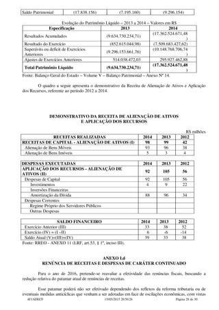 Saldo Patrimonial (17.838.156) (7.195.160) (9.296.154)
Evolução do Patrimônio Líquido – 2013 a 2014 – Valores em R$
Especificação 2013 2014
Resultados Acumulados (9.634.730.234,71)
(17.362.524.671,48
)
Resultado do Exercício (852.615.044,98) (7.509.683.427,62)
Superávits ou deficit de Exercícios
Anteriores
(9.296.153.661,76)
(10.148.768.706,74
)
Ajustes de Exercícios Anteriores 514.038.472,03 295.927.462,88
Total Patrimônio Líquido (9.634.730.234,71)
(17.362.524.671,48
)
Fonte: Balanço Geral do Estado – Volume V – Balanço Patrimonial – Anexo Nº 14.
O quadro a seguir apresenta o demonstrativo da Receita de Alienação de Ativos e Aplicação
dos Recursos, referente ao período 2012 a 2014.
DEMONSTRATIVO DA RECEITA DE ALIENAÇÃO DE ATIVOS
E APLICAÇÃO DOS RECURSOS
R$ milhões
RECEITAS REALIZADAS 2014 2013 2012
RECEITAS DE CAPITAL - ALIENAÇÃO DE ATIVOS (I) 98 99 42
Alienação de Bens Móveis 93 96 38
Alienação de Bens Imóveis 5 3 4
DESPESAS EXECUTADAS 2014 2013 2012
APLICAÇÃO DOS RECURSOS - ALIENAÇÃO DE
ATIVOS (II)
92 105 56
Despesas de Capital 92 105 56
Investimentos 4 9 22
Inversões Financeiras
Amortização da Dívida 88 96 34
Despesas Correntes
Regime Próprio dos Servidores Públicos
Outras Despesas
SALDO FINANCEIRO 2014 2013 2012
Exercício Anterior (III) 33 38 52
Exercício (IV) = (I –II) 6 -6 -14
Saldo Atual (V)=(III)+(IV) 39 33 38
Fonte: RREO - ANEXO 11 (LRF, art.53, § 1º, inciso III).
ANEXO I.d
RENÚNCIA DE RECEITAS E DESPESAS DE CARÁTER CONTINUADO
Para o ano de 2016, pretende-se reavaliar a efetividade das renúncias fiscais, buscando a
redução relativa do patamar atual de renúncias de receitas.
Esse patamar poderá não ser efetivado dependendo dos reflexos da reforma tributaria ou de
eventuais medidas anticíclicas que venham a ser adotadas em face de oscilações econômicas, com vistas
4F1ADECF 15/05/2015 20:50:26 Página 28 de 30
 