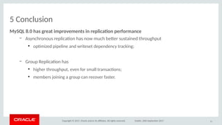 Copyright © 2017, Oracle and/or its afliates. All rights reserved. Dublin, 26th September 2017
5 Conclusion
MySQL 8.0 has greait imprivemeoits io replicatio perfirmaoce
– Asynchronous replicaton has now much beter sustained throughput
●
optmized pipeline and writeset dependency tracking;
– Group Replicaton has
●
higher throughput, even for small transactons;
●
members joining a group can recover faster.
61
 