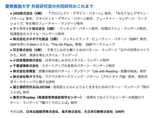 ● UDS株式会社（4期）：『プロジェクト・デザイン・パターン』制作、『おもてなしデザイン・
パターン』制作、マネジメント・デザイン・パターン制作、フューチャー・ランゲージ・ワーク
ショップ、学生寮のフューチャー・ランゲージ制作
● クックパッド株式会社（3期）：クッキング・パターン制作、料理のファン・ランゲージ制作、
料理教室のスタイル・ランゲージ制作
● 株式会社カネボウ化粧品（3期）：ジェネレイティブ・ビューティー・パターン（GBP）制作、
GBPを用いたWebシステム「The 4th Place」開発、 GBPワークショップ
● 花王株式会社（2期）：子育てしながら働くためのパターン・ランゲージ「日々の世界のつくり
かた」制作、家族を育むスタイル・ランゲージ
● 小田急電鉄株式会社：日本の楽しみ方のスタイル・ランゲージ制作
● 千葉道場株式会社：スタートアップの成長のパターン・ランゲージ制作
● 株式会社有隣堂：読書の秘訣のパターン・ランゲージ「Life with Reading - 読書の秘訣」制作
● 株式会社株オラクル：ワクワク系マーケティング・パターン（プロトタイプ版）制作、感性科
学マーケティングに関する研究
● 富士通研究所＆GLOCOM：認知症とともによりよく生きるためのパターン・ランゲージ『旅の
ことば』制作
● 東京大学cedep（発達保育実践政策学センター）：保育をつなぐミドルリーダーの実践のパ
ターン・ランゲージ『園づくりのことば』制作
それ以前、日本出版販売株式会社、楽天株式会社、大日本印刷株式会社（DNP）
慶應義塾大学 井庭研究室の共同研究のこれまで
 