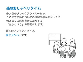 感想おしゃべりタイム
少人数のブレイクアウトルームで、
ここまでの話についての理解を確かめ合ったり、
何となくの感想を話したりする
「おしゃべり」の時間にします。
最初のブレイクアウトと、
同じメンバーです。
 