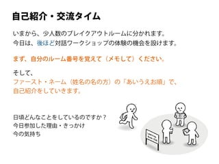 いまから、少人数のブレイクアウトルームに分かれます。
今日は、後ほど対話ワークショップの体験の機会を設けます。
日頃どんなことをしているのですか？
今日参加した理由・きっかけ
今の気持ち
そして、
ファースト・ネーム（姓名の名の方）の「あいうえお順」で、
自己紹介をしていきます。
自己紹介・交流タイム
まず、自分のルーム番号を覚えて（メモして）ください。
 