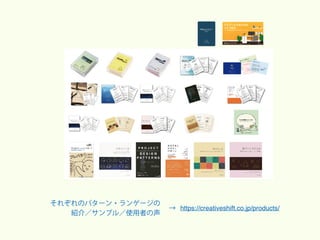 感性科学マーケテ
ィ
ング
・
パターン
実践
・
習得のコツのこ
とば
オラクルひと
・
しく
み研究所
カード
https://creativeshift.co.jp/products/
それぞれのパターン・ランゲージの
紹介／サンプル／使用者の声
→
 