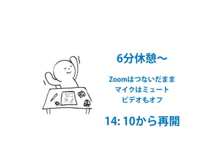 6分休憩∼
Zoomはつないだまま
マイクはミュート
ビデオもオフ
14: 10から再開
 