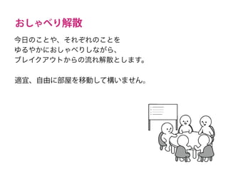 おしゃべり解散
今日のことや、それぞれのことを
ゆるやかにおしゃべりしながら、
ブレイクアウトからの流れ解散とします。
適宜、自由に部屋を移動して構いません。
 