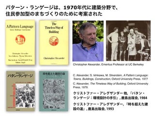 C. Alexander, S. Ishikawa, M. Silverstein, A Pattern Language:
Towns, Buildings, Construction, Oxford University Press, 1977
C. Alexander, The Timeless Way of Building, Oxford University
Press, 1979.
Christopher Alexander, Emeritus Professor at UC Berkeley
クリストファー・アレグザンダー 他, 『パタン・
ランゲージ：環境設計の手引』, 鹿島出版会, 1984
クリストファー・アレグザンダー, 『時を超えた建
設の道』, 鹿島出版会, 1993
パターン・ランゲージは、1970年代に建築分野で、
住民参加型のまちづくりのために考案された
 