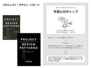 プロジェクト・デザイン・パターン
Project-Design Principles
Become a Real Customer
Direct Sourcing
On-The-Spot Feeling
Chance Taker
Personal Stock of Resources
Proto-Planning
Imagination Gap
Studying Not-So-Good Cases
Nutritious Information
Undiscovered Wants
Forgotten Potentials
Idea Coupling
Thorough Listing
Interactive Scoring
Graduated Consultations
Room for Commitment
Thinking with Reality
Unearth the Reason
Fundamental Values
Approach Search
Points of Play
Killer Pitch
Review in their Shoes
Incorporating the Future
Expansion of Interests
Combination of Strengths
Three Role Models
Empathetic Partners
Flat Collaboration
Professional Opinion
Pleasant Memories
P R O J E C T
D E S I G N
P A T T E R N S
プ ロ ジ ェクト・デ ザ イ ン・パ タ ーン
カ ード
C A R D S
その状況において
そこで
予想とのギャップ
自分なりに想像してから見る。
それだけで発見が多く、深くなる。
LEARN ● 他者からの学び ● NO. 8
これから見に行くものについて、自分ならどのようなも
のをつくるかを想像し、その想像と実際の違いから、新
たな気づきを得る。
単に現物を見るだけだったり、事前に調べたことを確認した
りするような見方では、自分を高める機会にはなりにくい。
他の人がつくったものを事例として見に行く。
 