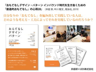 『おもてなしデザイン・パターン インバウンド時代を生き抜くための
「創造的おもてなし」の心得28』（井庭 崇, 中川 敬文 , 翔泳社, 2019）
井庭研×UDS株式会社
自分なりの「おもてなし」を編み出して実践している人は、
どのような考え方・工夫によってそれを実現しているのだろうか？
 