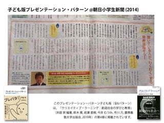 子ども版プレゼンテーション・パターン @朝日小学生新聞 (2014)
このプレゼンテーション・パターン子ども版（全6パターン）
は、『クリエイティブ・ラーニング：創造社会の学びと教育』
（井庭 崇 編著, 鈴木 寛, 岩瀬 直樹, 今井 むつみ, 市川 力, 慶應義
塾大学出版会, 2019年）の第4章に掲載されています。
 
