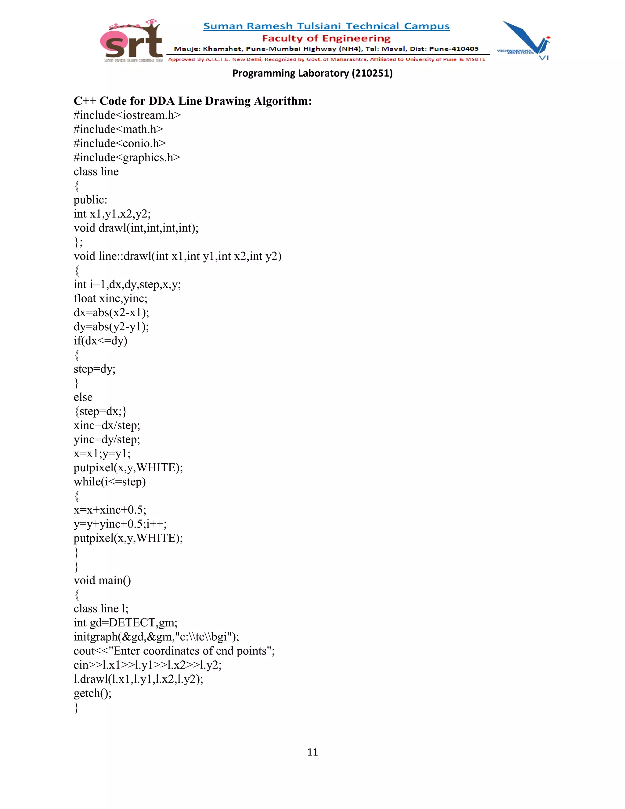 Programming Laboratory (210251)
C++ Code for DDA Line Drawing Algorithm:
#include<iostream.h>
#include<math.h>
#include<conio.h>
#include<graphics.h>
class line
{
public:
int x1,y1,x2,y2;
void drawl(int,int,int,int);
};
void line::drawl(int x1,int y1,int x2,int y2)
{
int i=1,dx,dy,step,x,y;
float xinc,yinc;
dx=abs(x2-x1);
dy=abs(y2-y1);
if(dx<=dy)
{
step=dy;
}
else
{step=dx;}
xinc=dx/step;
yinc=dy/step;
x=x1;y=y1;
putpixel(x,y,WHITE);
while(i<=step)
{
x=x+xinc+0.5;
y=y+yinc+0.5;i++;
putpixel(x,y,WHITE);
}
}
void main()
{
class line l;
int gd=DETECT,gm;
initgraph(&gd,&gm,"c:tcbgi");
cout<<"Enter coordinates of end points";
cin>>l.x1>>l.y1>>l.x2>>l.y2;
l.drawl(l.x1,l.y1,l.x2,l.y2);
getch();
}
11
 