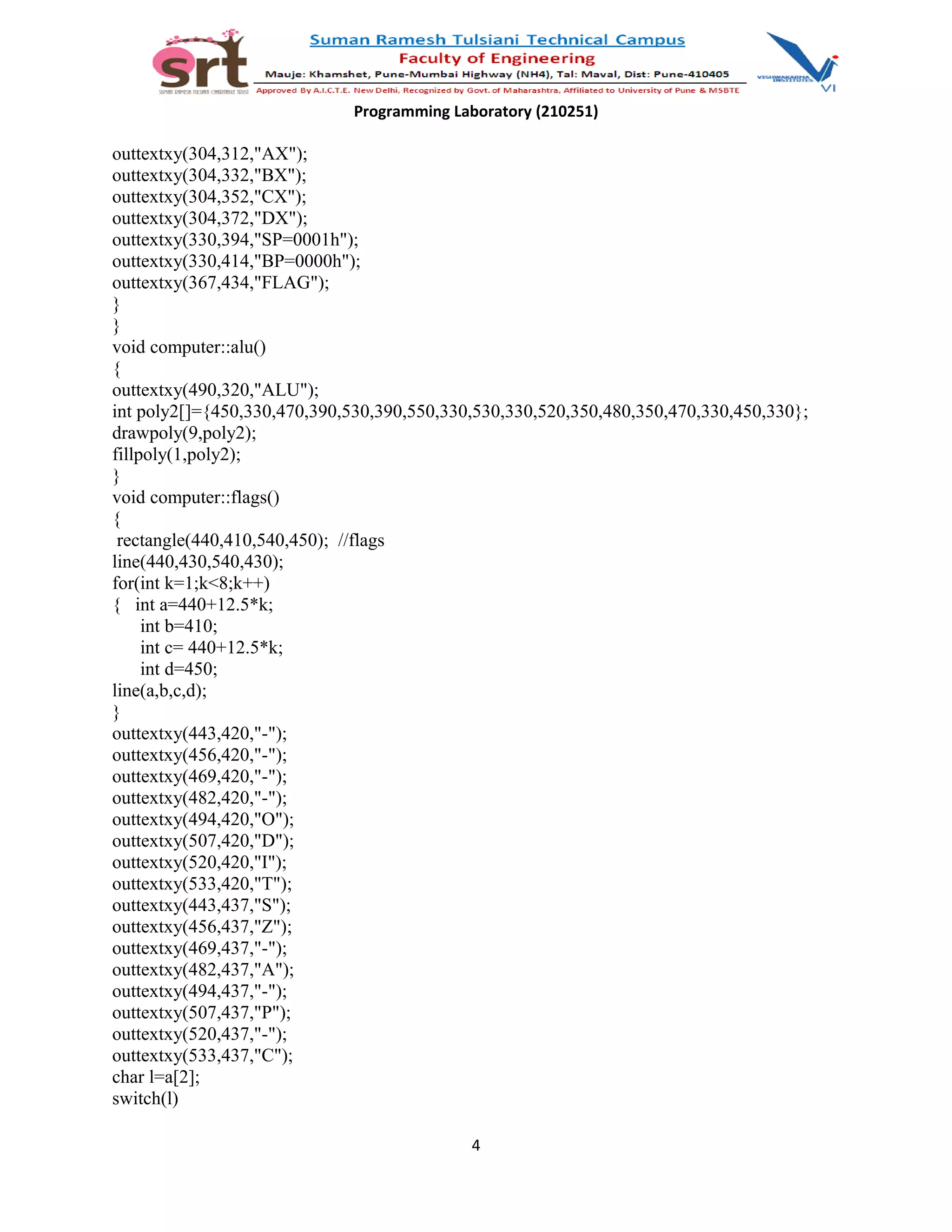 Programming Laboratory (210251)
outtextxy(304,312,"AX");
outtextxy(304,332,"BX");
outtextxy(304,352,"CX");
outtextxy(304,372,"DX");
outtextxy(330,394,"SP=0001h");
outtextxy(330,414,"BP=0000h");
outtextxy(367,434,"FLAG");
}
}
void computer::alu()
{
outtextxy(490,320,"ALU");
int poly2[]={450,330,470,390,530,390,550,330,530,330,520,350,480,350,470,330,450,330};
drawpoly(9,poly2);
fillpoly(1,poly2);
}
void computer::flags()
{
rectangle(440,410,540,450); //flags
line(440,430,540,430);
for(int k=1;k<8;k++)
{ int a=440+12.5*k;
int b=410;
int c= 440+12.5*k;
int d=450;
line(a,b,c,d);
}
outtextxy(443,420,"-");
outtextxy(456,420,"-");
outtextxy(469,420,"-");
outtextxy(482,420,"-");
outtextxy(494,420,"O");
outtextxy(507,420,"D");
outtextxy(520,420,"I");
outtextxy(533,420,"T");
outtextxy(443,437,"S");
outtextxy(456,437,"Z");
outtextxy(469,437,"-");
outtextxy(482,437,"A");
outtextxy(494,437,"-");
outtextxy(507,437,"P");
outtextxy(520,437,"-");
outtextxy(533,437,"C");
char l=a[2];
switch(l)
4
 