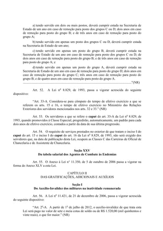 a) tendo servido em dois ou mais postos, deverá cumprir estada na Secretaria de
       Estado de um ano em caso de remoção para posto dos grupos C ou D; dois anos em caso
       de remoção para posto do grupo B; e de três anos em caso de remoção para posto do
       grupo A;
              b) tendo servido em apenas um posto dos grupos C ou D, deverá cumprir estada
       na Secretaria de Estado de um ano;
              c) tendo servido em apenas um posto do grupo B, deverá cumprir estada na
       Secretaria de Estado de um ano em caso de remoção para posto dos grupos C ou D; de
       dois anos em caso de remoção para posto do grupo B; e de três anos em caso de remoção
       para posto do grupo A; e
                   d) tendo servido em apenas um posto do grupo A, deverá cumprir estada na
       Secretaria de Estado de um ano em caso de remoção para posto do grupo D; dois anos em
       caso de remoção para posto do grupo C; três anos em caso de remoção para posto do
       grupo B; e de quatro anos em caso de remoção para posto do grupo A.
       ....................................................................................................................................”(NR)

                  Art. 52.         A Lei no 8.829, de 1993, passa a vigorar acrescida do seguinte
dispositivo:

              “Art. 33-A. Considera-se para cômputo do tempo de efetivo exercício a que se
       referem os arts. 15 e 16, o tempo de efetivo exercício no Ministério das Relações
       Exteriores dos servidores mencionados nos arts. 32 e 33.” (NR)

               Art. 53. Os servidores a que se refere o caput do art. 33-A da Lei no 8.829, de
1993, quando promovidos à Classe Especial, progredirão, automaticamente, um padrão para cada
dois anos de efetivo exercício, contados a partir da data de sua última progressão.

              Art. 54. O requisito de serviços prestados no exterior de que tratam o inciso I do
caput do art. 15 e inciso I do caput do art. 16 da Lei no 8.829, de 1993, não será exigido dos
servidores que, na data de publicação desta Lei, ocupem as Classes C das Carreiras de Oficial de
Chancelaria e de Assistente de Chancelaria.

                                                  Seção XXV
                        Da tabela salarial dos Agentes de Combate às Endemias

             Art. 55. O Anexo à Lei n° 11.350, de 5 de outubro de 2006 passa a vigorar na
forma do Anexo XLV a esta Lei.

                                         CAPÍTULO II
                           DAS GRATIFICAÇÕES, ADICIONAIS E AUXÍLIOS

                                             Seção I
                   Do Auxílio-Invalidez dos militares na inatividade remunerada

               Art. 56. A Lei no 11.421, de 21 de dezembro de 2006, passa a vigorar acrescida
do seguinte dispositivo:

               “Art. 2o-A. A partir de 1o de julho de 2012, o auxílio-invalidez de que trata esta
       Lei será pago no valor de sete e meia cotas de soldo ou de R$ 1.520,00 (mil quinhentos e
       vinte reais), o que for maior.” (NR)
 