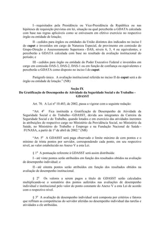 I - requisitados pela Presidência ou Vice-Presidência da República ou nas
  hipóteses de requisição previstas em lei, situação na qual perceberão a GDATA calculada
  com base nas regras aplicáveis como se estivessem em efetivo exercício no respectivo
  órgão ou entidade de lotação;
         II - cedidos para órgãos ou entidades da União distintos dos indicados no inciso I
  do caput e investidos em cargo de Natureza Especial, de provimento em comissão do
  Grupo-Direção e Assessoramento Superiores - DAS, níveis 6, 5, 4 ou equivalentes, e
  perceberão a GDATA calculada com base no resultado da avaliação institucional do
  período; e
         III - cedidos para órgão ou entidade do Poder Executivo Federal e investidos em
  cargo em comissão DAS-3, DAS-2, DAS-1 ou em função de confiança ou equivalentes e
  perceberão a GDATA como disposto no inciso I do caput.

         Parágrafo único. A avaliação institucional referida no inciso II do caput será a do
  órgão ou entidade de lotação.” (NR)

                                  Seção IX
Da Gratificação de Desempenho de Atividade da Seguridade Social e do Trabalho -
                                      GDASST

         Art. 70. A Lei no 10.483, de 2002, passa a vigorar com a seguinte redação:

          “Art. 4o Fica instituída a Gratificação de Desempenho de Atividade da
  Seguridade Social e do Trabalho - GDASST, devida aos integrantes da Carreira da
  Seguridade Social e do Trabalho, quando lotados e em exercício das atividades inerentes
  às atribuições do respectivo cargo no Ministério da Previdência Social, no Ministério da
  Saúde, no Ministério do Trabalho e Emprego e na Fundação Nacional de Saúde -
   FUNASA, a partir de 1o de abril de 2002.” (NR)

          “Art. 5o A GDASST será paga observado o limite máximo de cem pontos e o
  mínimo de trinta pontos por servidor, correspondendo cada ponto, em seu respectivo
  nível, ao valor estabelecido no Anexo V a esta Lei.

         § 1o A pontuação referente à GDASST será assim distribuída:
         I - até vinte pontos serão atribuídos em função dos resultados obtidos na avaliação
  de desempenho individual; e
         II - até oitenta pontos serão atribuídos em função dos resultados obtidos na
  avaliação de desempenho institucional.

         § 2o Os valores a serem pagos a título de GDASST serão calculados
  multiplicando-se o somatório dos pontos auferidos nas avaliações de desempenho
  individual e institucional pelo valor do ponto constante do Anexo V a esta Lei de acordo
  com o respectivo nível.

          § 3o A avaliação de desempenho individual será composta por critérios e fatores
  que reflitam as competências do servidor aferidas no desempenho individual das tarefas e
  atividades a ele atribuídas.
 
