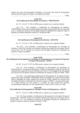 alcance das metas de desempenho individual e do alcance das metas de desempenho
      institucional dos respectivos órgãos ou entidades de lotação.
      ....................................................................................................................................” (NR)

                                          Seção XVI
                  Da Gratificação de Desempenho da Suframa - GDSUFRAMA

                 Art. 78. A Lei no 11.356, de 2006, passa a vigorar com a seguinte redação:

              “Art. 1o-C.     Fica instituída a Gratificação de Desempenho da Suframa -
      GDSUFRAMA, devida aos servidores titulares dos cargos de provimento efetivo de que trata
      o art. 1o, quando em exercício das atividades inerentes às atribuições do respectivo cargo na
      Suframa, com efeitos financeiros a partir de 1o de julho de 2008.
      ....................................................................................................................................” (NR)

                                           Seção XVII
                     Da Gratificação de Desempenho da Embratur - GDATUR

                 Art. 79. A Lei no 11.356, de 2006, passa a vigorar com a seguinte redação:

              “Art. 8o-C. Fica instituída a Gratificação de Desempenho de Atividade da
      Embratur - GDATUR, devida aos servidores titulares dos cargos de provimento efetivo
      de que trata o art. 8o, quando em exercício das atividades inerentes às atribuições do
      respectivo cargo na Embratur.
      ....................................................................................................................................” (NR)

                                    Seção XVIII
Da Gratificação de Desempenho de Atividades de Financiamento e Execução de Programas
                             e Projetos Educacionais - GDAFE

                 Art. 80. A Lei no 11.357, de 2006, passa a vigorar com a seguinte redação:

             “Art. 48. Fica instituída a Gratificação de Desempenho de Atividades de
      Financiamento e Execução de Programas e Projetos Educacionais - GDAFE devida aos
      ocupantes dos cargos das Carreiras referidas nos incisos I e II do caput do art. 40, quando
      em exercício das atividades inerentes às atribuições do respectivo cargo no FNDE.” (NR)

             “Art. 48-A. Fica instituída a Gratificação de Desempenho de Atividade do Plano
      Especial de Cargos do FNDE - GDPFNDE, devida aos titulares dos cargos de provimento
      efetivo integrantes do Plano Especial de Cargos do FNDE, quando em exercício das
      atividades inerentes às atribuições do respectivo cargo no FNDE, a ser paga observando-
      se o limite máximo de cem pontos e o mínimo de trinta pontos por servidor,
      correspondendo cada ponto ao valor estabelecido no Anexo XX-A a esta Lei.” (NR)

                                    Seção XIX
    Da Gratificação de Desempenho de Atividade Técnica de Planejamento - GDATP

                 Art. 81. A Lei no 11.890, de 2008, passa a vigorar com a seguinte redação:

              “Art. 138. Fica instituída a Gratificação de Desempenho de Atividade Técnica de
     Planejamento - GDATP, devida aos servidores titulares dos cargos de provimento efetivo
     de que trata o art. 135, quando em exercício de atividades inerentes às atribuições do
     respectivo cargo no órgão ou entidade de lotação.” (NR)

                                                             Seção XX
 