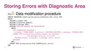 Storing Errors with Diagnostic Area
Data modification procedure
CREATE PROCEDURE insert_movies_actors_link(movie INT, acto...