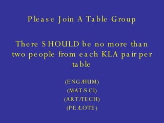 Please Join A Table Group There SHOULD be no more than two people from each KLA pair per table (ENG/HUM) (MAT/SCI) (ART/TECH) (PE/LOTE) 