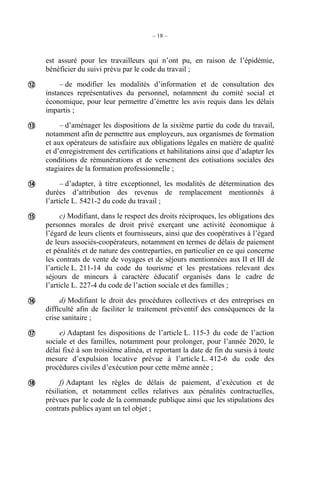 – 18 –
est assuré pour les travailleurs qui n’ont pu, en raison de l’épidémie,
bénéficier du suivi prévu par le code du travail ;
– de modifier les modalités d’information et de consultation des
instances représentatives du personnel, notamment du comité social et
économique, pour leur permettre d’émettre les avis requis dans les délais
impartis ;
– d’aménager les dispositions de la sixième partie du code du travail,
notamment afin de permettre aux employeurs, aux organismes de formation
et aux opérateurs de satisfaire aux obligations légales en matière de qualité
et d’enregistrement des certifications et habilitations ainsi que d’adapter les
conditions de rémunérations et de versement des cotisations sociales des
stagiaires de la formation professionnelle ;
– d’adapter, à titre exceptionnel, les modalités de détermination des
durées d’attribution des revenus de remplacement mentionnés à
l’article L. 5421-2 du code du travail ;
c) Modifiant, dans le respect des droits réciproques, les obligations des
personnes morales de droit privé exerçant une activité économique à
l’égard de leurs clients et fournisseurs, ainsi que des coopératives à l’égard
de leurs associés-coopérateurs, notamment en termes de délais de paiement
et pénalités et de nature des contreparties, en particulier en ce qui concerne
les contrats de vente de voyages et de séjours mentionnées aux II et III de
l’article L. 211-14 du code du tourisme et les prestations relevant des
séjours de mineurs à caractère éducatif organisés dans le cadre de
l’article L. 227-4 du code de l’action sociale et des familles ;
d) Modifiant le droit des procédures collectives et des entreprises en
difficulté afin de faciliter le traitement préventif des conséquences de la
crise sanitaire ;
e) Adaptant les dispositions de l’article L. 115-3 du code de l’action
sociale et des familles, notamment pour prolonger, pour l’année 2020, le
délai fixé à son troisième alinéa, et reportant la date de fin du sursis à toute
mesure d’expulsion locative prévue à l’article L. 412-6 du code des
procédures civiles d’exécution pour cette même année ;
f) Adaptant les règles de délais de paiement, d’exécution et de
résiliation, et notamment celles relatives aux pénalités contractuelles,
prévues par le code de la commande publique ainsi que les stipulations des
contrats publics ayant un tel objet ;







 
