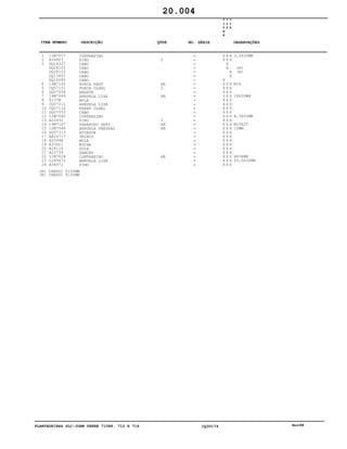 PLANTADEIRAS SLC-JOHN DEERE 710RF, 712 E 716 CQ30174 Nov98
1
2
3
4
5
6
7
8
9
10
11
12
13
14
15
16
17
18
19
20
21
22
23
24
11M7017
A26927
DQ14327
DQ28102
DQ28103
DQ13687
DQ16085
14M7142
CQ07101
DQ07054
24M7049
S137M
CQ07211
CQ07116
DQ07053
11M7040
A22432
19M7167
12M7066
DQ07313
AA24717
H2094B
A33921
A24116
A23739
11M7024
L18947L
A36972
CONTRAPINO
PINO
CABO
CABO
CABO
CABO
CABO
PORCA SEXT
PORCA OLHAL
ENGATE
ARRUELA LISA
MOLA
ARRUELA LISA
PARAF OLHAL
CABO
CONTRAPINO
PINO
PARAFUSO SEXT
ARRUELA PRESSAO
ATUADOR
TRINCO
MOLA
BUCHA
GUIA
GANCHO
CONTRAPINO
ARRUELA LISA
PINO
2
AR
2
AR
2
AR
AR
AR
7
1
0
R
F
7
1
2
7
1
6
X X X
X X X
X
X
X
X
X
X X X
X X X
X X X
X X X
X X X
X X X
X X X
X X X
X X X
X X X
X X X
X X X
X X X
X X X
X X X
X X X
X X X
X X X
X X X
X X X
X X X
3,2X32MM
(A)
(B)
M16
18X30MM
6,3X50MM
M10X25
10MM
4X36MM
20,5X32MM
20.004
(A)
(B)
CHASSI 6100MM
CHASSI 8100MM
-
-
-
-
-
-
-
-
-
-
-
-
-
-
-
-
-
-
-
-
-
-
-
-
-
-
-
-
ITEM NÚMERO DESCRIÇÃO QTDE OBSERVAÇÕESNO. SÉRIE
 