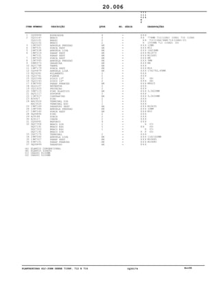 PLANTADEIRAS SLC-JOHN DEERE 710RF, 712 E 716 CQ30174 Nov98
1
2
3
4
5
6
7
8
9
10
11
12
13
14
15
16
17
18
19
20
21
22
23
24
25
26
27
28
29
30
31
32
33
34
35
36
37
CQ06994
CQ22147
CQ22151
CQ22152
12M7067
14M7031
24M7038
19M7214
19M7331
14M7029
12M7065
58M5573
DQ21768
14M7179
CQ06679
DQ16261
CQ22761
CQ22184
CQ22143
03M7093
DQ22107
CQ21620
34M7115
DQ31117
11M7017
A26927
AA23526
AA23525
19M7169
12M7066
14M7140
DQ06894
A29188
A26127
CQ06991
DQ07304
DQ07191
DQ07303
DQ07192
CQ07175
24M7040
19M7327
03M7151
DQ06899
ESPACADOR
BRACO
BRAZO
BRACO
ARRUELA PRESSAO
PORCA SEXT
ARRUELA LISA
PARAF SEXT
PARAF SEXT
PORCA SEXT
ARRUELA PRESSAO
GRAXEIRA
TAMPA
PORCA SEXT
ARRUELA LISA
ROLAMENTO
FLANGE
DISCO 13"
DISCO 16"
PARAF FRANCES
RETENTOR
PROTECAO
PINO ELASTICO
SUPORTE
CONTRAPINO
PINO
TERMINAL DIR
TERMINAL ESQ
PARAFUSO SEXT
ARRUELA PRESSAO
PORCA SEXT
PINO
PORCA
CHAPA
REFORCO
BRACO DIR
BRACO ESQ
BRACO ESQ
BRACO DIR
TERMINAL
ARRUELA LISA
PARAF SEXT
PARAF FRANCES
PARAFUSO
4
2
2
2
AR
AR
AR
AR
AR
AR
AR
AR
AR
AR
AR
2
2
2
2
AR
2
2
AR
2
AR
2
1
1
AR
AR
AR
2
2
2
4
1
1
1
2
AR
AR
AR
AR
7
1
0
R
F
7
1
2
7
1
6
X X X
X X
X X
X
X X X
X X X
X X X
X X X
X X X
X X X
X X X
X X X
X X X
X X X
X X X
X X X
X X X
X X
X X X
X X X
X X X
X X X
X X X
X X X
X X X
X X X
X X X
X X X
X X X
X X X
X X X
X X X
X X X
X X X
X X X
X
X X
X
X X
X X X
X X X
X X X
X X X
X X X
774MM 712(12AS/ 10AS) 710 (10AS
712(12AS/6AM)716(16AS)(C)
1550MM 712 (16AS) (D)
12MM
M12
14X24MM
M12X70
M12X65
M8
5MM
M6
M16
17X27X2,65MM
(A)
(B)
M8X25
3,5X20MM
3,2X32MM
M10X35
10MM
M10
(C)
(D)
(C)
(D)
11X21X2MM
M10X65
M10X80
20.006
(A)
(B)
(C)
(D)
PLANTIO CONVENCIONAL
PLANTIO DIRETO
CHASSI 8100MM
CHASSI 6100MM
-
-
-
-
-
-
-
-
-
-
-
-
-
-
-
-
-
-
-
-
-
-
-
-
-
-
-
-
-
-
-
-
-
-
-
-
-
-
-
-
-
-
-
-
ITEM NÚMERO DESCRIÇÃO QTDE OBSERVAÇÕESNO. SÉRIE
 