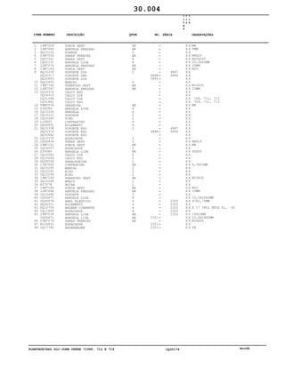 PLANTADEIRAS SLC-JOHN DEERE 710RF, 712 E 716 CQ30174 Nov98
1
2
3
4
5
6
7
8
9
10
11
12
13
14
15
16
17
18
19
20
21
22
23
24
25
26
27
28
29
30
31
32
33
34
35
36
37
38
39
40
41
42
43
44
45
46
47
48
14M7029
12M7065
DQ15125
03M7054
CQ07301
CQ02151
12M7070
14M7144
DQ15339
DQ25317
DQ32663
DQ22455
19M7744
12M7067
CQ16314
CQ16313
CQ31296
CQ31861
58M5574
Z34089
CQ15330
CQ16312
CQ16360
L18955
DQ06891
DQ15338
DQ25316
DQ32662
CQ13370
CQ06936
14M7151
CQ16057
Z39386
CQ15045
CQ15044
DQ08534
11M7040
DQ15295
CQ15291
CQ15294
19M7169
DQ15266
A37078
14M7140
12M7066
CQ13490
CQ06671
CQ00076
DQ04311
DQ10759
CQ11806
24M7038
CQ06671
03M7079
N120831
CQ17742
PORCA SEXT
ARRUELA PRESSAO
FLANGE
PARAF FRANCES
PARAF SEXT
ARRUELA LISA
ARRUELA PRESSAO
PORCA SEXT
SUPORTE DIR
SUPORTE DER
SUPORTE DIR
MANCAL
PARAFUSO SEXT
ARRUELA PRESSAO
CALCO ESQ
CALCO DIR
CALÇO DIR
CALÇO ESQ
GRAXEIRA
ARRUELA LISA
ARRUELA
SUPORTE
PINO
CONTRAPINO
ROLAMENTO
SUPORTE ESQ
SUPORTE ESQ
SUPORTE ESQ
ESPACADOR
PARAF SEXT
PORCA SEXT
ESPACADOR
ARRUELA LISA
CALCO DIR
CALCO ESQ
ABRACADEIRA
CONTRAPINO
MANCAL
EIXO
EIXO
PARAFUSO SEXT
BRACO
BUCHA
PORCA SEXT
ARRUELA PRESSAO
SUPORTE
ARRUELA LISA
ANEL ELASTICO
ROLAMENTO
ENGREN CORRENTE
ESPACADOR
ARRUELA LISA
ARRUELA LISA
PARAF FRANCES
ESPACADOR
ENGRENAGEM
AR
AR
2
AR
8
8
AR
AR
2
4
AR
AR
AR
4
4
2
2
4
4
2
2
2
AR
2
AR
2
2
2
AR
2
2
2
AR
2
2
AR
AR
2
4
4
4
4
4
AR
AR
AR
4888
5891
4888
2321
2321
2321
4887
5890
4887
5890
2320
2320
2320
2320
2320
7
1
0
R
F
7
1
2
7
1
6
X X
X X
X X
X X
X X
X X
X X
X X
X X
X X
X X
X X
X X
X X
X X
X X
X X
X X
X X
X X
X X
X X
X X
X X
X X
X X
X X
X X
X X
X X
X X
X X
X X
X X
X X
X X
X X
X X
X X
X X
X X
X X
X X
X X
X X
X X
X X
X X
X X
X X
X X
X X
X X
X X
X X
X X
M8
5MM
M8X20
M20X245
20,5X45MM
20MM
M20
M12X35
12MM
709, 711, 713
709, 711, 713
M8
M8X16
M8
45X55
6,3X50MM
M10X35
M10
10MM
10,5X24X2MM
47X1,75MM
Z 17 INCL KEYS 41, 42
14X24MM
10,5X24X2MM
M10X55
Z6
30.004
-
-
-
-
-
-
-
-
-
-
-
-
-
-
-
-
-
-
-
-
-
-
-
-
-
-
-
-
-
-
-
-
-
-
-
-
-
-
-
-
-
-
-
-
-
-
-
-
-
-
-
-
-
-
-
-
ITEM NÚMERO DESCRIÇÃO QTDE OBSERVAÇÕESNO. SÉRIE
 