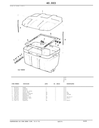 PLANTADEIRAS SLC-JOHN DEERE 710RF, 712 E 716 CQ30174 Nov98
CAIXA DO ADUBO (1908-)
1
2
3
4
5
6
7
8
9
10
11
12
DQ16622
CQ18038
DQ20669
CQ16621
14M7029
12M7065
CQ01249
CQ18007
24M7026
19M7163
DQ19095
19M7139
TAMPA
TIRANTE
DECALCO
CAIXA DE ADUBO
PORCA SEXT
ARRUELA PRESSAO
ARRUELA LISA
ESPACADOR
ARRUELA LISA
PARAFUSO SEXT
MOLDURA
PARAFUSO
1
2
1
1
AR
AR
AR
4
AR
AR
2
AR
7
1
0
R
F
7
1
2
7
1
6
X X X
X X X
X X X
X X X
X X X
X X X
X X X
X X X
X X X
X X X
X X X
X X X
M8
5MM
9X28MM
9X17X1,6
M8X25
M8X20
40.003
-
-
-
-
-
-
-
-
-
-
-
-
ITEM NÚMERO DESCRIÇÃO QTDE OBSERVAÇÕESNO. SÉRIE
 
