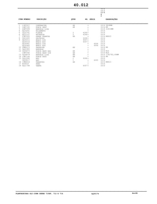 PLANTADEIRAS SLC-JOHN DEERE 710RF, 712 E 716 CQ30174 Nov98
1
2
3
4
5
6
7
8
9
10
11
12
13
14
15
16
17
18
11M7027
14M7165
24M7099
DQ16261
CQ22761
DQ22107
03M7093
CQ21620
DQ30512
DQ30516
DQ30961
DQ30960
58M5573
CQ22383
CQ06673
14M7260
CQ06679
14M7166
CQ22280
CQ09017
19M6614
A49918
DQ21768
CONTRAPINO
PORCA SEXT
ARRUELA LISA
ROLAMENTO
FLANGE
RETENTOR
PARAF FRANCES
PROTECAO
BRAÇO DIR
BRAÇO ESQ
BRAÇO DIR
BRAÇO ESQ
GRAXEIRA
ARRUELA
PORCA SEXT ESQ
PORCA SEXT DIR
ARRUELA LISA
PORCA SEXT
ARO
ARO
PARAFUSO
PNEU
TAMPA
AR
AR
2
2
AR
AR
AR
AR
AR
AR
1
1
AR
4266
4266
4266
4007
4007
4266
4007
4006
4006
4265
7
1
0
R
F
7
1
2
7
1
6
X X X
X X X
X X X
X X X
X X X
X X X
X X X
X X X
X X X
X X X
X X X
X X X
X X X
X X X
X X X
X X X
X X X
X X X
X X X
X X X
X X X
X X X
X X X
5X28MM
M6
21X33MM
M8X25
M6
M16
M16
17X27X2,65MM
M8
M6X12
40.012
-
-
-
-
-
-
-
-
-
-
-
-
-
-
-
-
-
-
-
-
-
-
-
ITEM NÚMERO DESCRIÇÃO QTDE OBSERVAÇÕESNO. SÉRIE
 