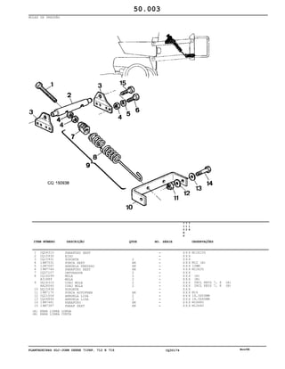 PLANTADEIRAS SLC-JOHN DEERE 710RF, 712 E 716 CQ30174 Nov98
MOLAS DE PRESSÃO
1
2
3
4
5
6
7
8
9
10
11
12
13
14
15
CQ04315
CQ15930
CQ15931
14M7031
12M7067
19M7744
CQ07107
CQ16299
A31889
DQ16310
AA28046
DQ15934
14M7170
CQ21004
CQ04844
19M7481
19M7387
PARAFUSO SEXT
EIXO
SUPORTE
PORCA SEXT
ARRUELA PRESSAO
PARAFUSO SEXT
OBTURADOR
MOLA
MOLA
CONJ MOLA
CONJ MOLA
SUPORTE
PORCA AUTOFREN
ARRUELA LISA
ARRUELA LISA
PARAFUSO
PARAF SEXT
2
AR
AR
AR
2
2
2
2
2
AR
2
2
AR
AR
7
1
0
R
F
7
1
2
7
1
6
X X X
X X X
X X X
X X X
X X X
X X X
X X X
X X X
X X X
X X X
X X X
X X X
X X X
X X X
X X X
X X X
X X X
M12X150
M12 (A)
12MM
M12X35
(A)
(B)
INCL KEYS 7, 8 (A)
INCL KEYS 7, 8 (B)
M16
16,5X50MM
16,5X40MM
M16X80
M12X40
50.003
(A)
(B)
PARA LINHA LONGA
PARA LINHA CURTA
-
-
-
-
-
-
-
-
-
-
-
-
-
-
-
-
-
ITEM NÚMERO DESCRIÇÃO QTDE OBSERVAÇÕESNO. SÉRIE
 