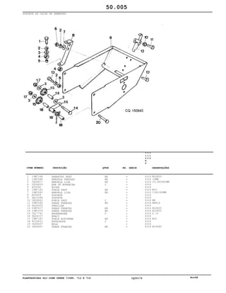 PLANTADEIRAS SLC-JOHN DEERE 710RF, 712 E 716 CQ30174 Nov98
SUPORTE DA CAIXA DE SEMENTES
1
2
3
4
5
6
7
8
9
10
11
12
13
14
15
16
17
18
19
20
19M7168
12M7066
CQ06671
CQ06659
A24092
14M7140
24M7040
A25659
DQ15268
CQ06663
03M7092
DQ34025
03M7017
03M7079
CQ17741
DQ34337
14M7167
N120831
CQ30637
CQ06667
PARAFUSO SEXT
ARRUELA PRESSAO
ARRUELA LISA
ARR DE BORRACHA
BUCHA
PORCA SEXT
ARRUELA LISA
SUPORTE
SUPORTE
PORCA SEXT
PARAF FRANCES
PRESILHA
PARAF FRANCES
PARAF FRANCES
ENGRENAGEM
BRAÇO
PORCA AUTOFREN
ESPACADOR
MOLA
PARAF FRANCES
AR
AR
AR
2
AR
AR
2
AR
AR
AR
2
AR
2
AR
7
1
0
R
F
7
1
2
7
1
6
X X X
X X X
X X X
X X X
X X X
X X X
X X X
X X X
X X X
X X X
X X X
X X X
X X X
X X X
X X X
X X X
X X X
X X X
X X X
X X X
M10X30
10MM
10,5X24X2MM
M10
11X21X2MM
M6
M6X16
M10X25
M10X55
Z 10
M10
M10X90
50.005
-
-
-
-
-
-
-
-
-
-
-
-
-
-
-
-
-
-
-
-
ITEM NÚMERO DESCRIÇÃO QTDE OBSERVAÇÕESNO. SÉRIE
 