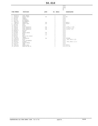 PLANTADEIRAS SLC-JOHN DEERE 710RF, 712 E 716 CQ30174 Nov98
1
2
3
4
5
6
7
8
9
10
11
12
13
14
15
16
17
18
19
21
22
23
24
25
26
27
28
29
DQ29276
CQ06663
A22796
A22451
A22795
AA22780
19M6614
19M7320
A22305
A21578
34H316
34H286
34H314
AA38077
A49604
A33969
B31551
B30275
A22307
B31364
11M7023
CQ28224
DQ24723
A25542
21H1295
A22771
19M7560
DQ14536
CONJ DEDOS
PORCA SEXT
TAMPA
CORREIA
ACIONADOR
ALOJAMENTO
PARAFUSO
PARAF SEXT
ROLO
BUCHA
PINO ELASTICO
PINO ELASTICO
PINO ELASTICO
ESCOVA
PRATO
PARAF FENDA
MOLA
DEDO
RECIP DOS DEDOS
TAMPA
CONTRAPINO
GUIA
CONJ ROLAMENTO
FLANGE
PARAF FENDA
CAME
PARAF SEXT
GRAFITE EM PO
AR
AR
AR
AR
AR
AR
AR
12
12
AR
7
1
0
R
F
7
1
2
7
1
6
X X X
X X X
X X X
X X X
X X X
X X X
X X X
X X X
X X X
X X X
X X X
X X X
X X X
X X X
X X X
X X X
X X X
X X X
X X X
X X X
X X X
X X X
X X X
X X X
X X X
X X X
X X X
X X X
M6
M6X12
M6X40
1/4"X 1 1/2"
3/16"X1.1/2"
1/4"X1 1/4"
4X32MM
INCL KEYS 2-28
INCL KEYS 11-13
M6X16
2,2 KG
50.010
-
-
-
-
-
-
-
-
-
-
-
-
-
-
-
-
-
-
-
-
-
-
-
-
-
-
-
-
ITEM NÚMERO DESCRIÇÃO QTDE OBSERVAÇÕESNO. SÉRIE
 