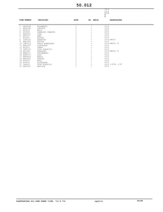PLANTADEIRAS SLC-JOHN DEERE 710RF, 712 E 716 CQ30174 Nov98
1
2
3
4
5
6
7
8
9
10
11
12
13
14
15
16
17
18
19
20
21
22
AA46258
AA45060
A59019
A55929
AA40971
A59475
A56381
21M7252
AA43950
14M7019
AA41053
A55413
34M7132
A63398
NSEP071
NSEP072
NSEP050
AA43951
A59015
A55630
34H314
AA45061
ROLAMENTO
CARCAÇA
MOLA
PARAFUSO FRANCÊS
CUBO
ANEL
ESCOVA
PARAFUSO
ESCOVA
PORCA BORBOLETA
LIMITADOR
TAMPA
PINO ELÁSTICO
PARAFUSO
SUPLEMENTO
ROLO
BRACO
EJETOR
MOLA
BLINDAGEM
PINO ELASTICO
MEDIDOR
1
1
1
3
1
1
1
1
1
3
1
1
1
1
1
1
1
1
1
1
1
1
7
1
0
R
F
7
1
2
7
1
6
X X X
X X X
X X X
X X X
X X X
X X X
X X X
X X X
X X X
X X X
X X X
X X X
X X X
X X X
X X X
X X X
X X X
X X X
X X X
X X X
X X X
X X X
M4X16
M8X34.75
M8X34.75
1/4"X1 1/4"
50.012
-
-
-
-
-
-
-
-
-
-
-
-
-
-
-
-
-
-
-
-
-
-
ITEM NÚMERO DESCRIÇÃO QTDE OBSERVAÇÕESNO. SÉRIE
 