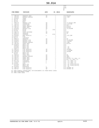 PLANTADEIRAS SLC-JOHN DEERE 710RF, 712 E 716 CQ30174 Nov98
1
2
3
4
5
6
7
8
9
10
11
12
13
14
15
16
17
18
19
20
21
22
23
24
25
26
27
28
29
30
31
32
33
34
35
36
37
38
39
40
41
42
19M7166
12M7066
CQ30660
A42740
A42337
B16318
24M7178
11M7015
14M7140
03M7105
19M7343
CQ04844
CQ16817
A23785
14M7170
58M5574
DQ22201
CQ00642
A36370
A42737
58M5573
CQ06662
CQ06670
12M7067
19M7268
CQ08605
CQ08604
CQ22880
CQ22879
34M7010
CQ06628
34M7042
A42830
A42831
14M7029
12M7065
19M7297
19M7073
14M7031
DQ17762
J16931N
Z24489
CQ15286
CQ15287
CQ18969
34M7035
34M7047
PARAFUSO SEXT
ARRUELA PRESSAO
CHAPA
PUNHO
PRATO
MOLA
ARRUELA LISA
CONTRAPINO
PORCA SEXT
PARAF FRANCES
PARAF SEXT
ARRUELA LISA
BUCHA
BUCHA
PORCA AUTOFREN
GRAXEIRA
CAVALETE
ANEL ELASTICO
PINO
LIMITADOR
GRAXEIRA
ARRUELA LISA
ARRUELA LISA
ARRUELA PRESSAO
PARAF SEXT
BRACO DIR
BRACO ESQ
BRACO DIR
BRACO ESQ
PINO ELASTICO
PINO ELASTICO
PINO ELASTICO
BRACO DIR
BRACO ESQ
PORCA SEXT
ARRUELA PRESSAO
PARAF SEXT
PARAF SEXT
PORCA SEXT
LIMITADOR
CONTRAPINO
PINO
BRACO DIR
BRACO ESQ
ESPACADOR
PINO ELASTICO
PINO ELASTICO
AR
AR
AR
AR
AR
AR
AR
AR
4
2
AR
AR
2
AR
AR
AR
AR
AR
AR
AR
AR
AR
AR
AR
AR
AR
2
2
2
2
AR
AR
1896
4266
7
1
0
R
F
7
1
2
7
1
6
X X X
X X X
X X X
X X X
X X X
X X X
X X X
X X X
X X X
X X X
X X X
X X X
X X X
X X X
X X X
X X X
X X X
X X X
X X X
X X X
X X X
X X X
X X X
X X X
X X X
X X X
X X X
X X X
X X X
X X X
X X X
X X X
X X X
X X X
X X X
X X X
X X X
X X X
X X X
X X X
X X X
X X X
X X X
X X X
X X X
X X X
X X X
M10X20
10MM
10,5X30X2,5MM
3,2X25MM
M10
M10X75
M16X60
16,5X40MM
M16
M8
13X1,0MM
M6
25,8X30MM
13X38MM
12MM
M12X25
(B)
(B)
3X20MM
3,5X40MM
6X40MM
M8
5MM
M8X12
M12X50 710 (9AS) (C)
M12 710 (9AS) (C)
710 (9AS) (C)
710 (9AS) (C)
710 (9AS) (C)
(A) FIXA/FIJA/FIX
(A) FIXA/FIJA/FIX
(A)
5X40MM (A)
8X40MM (A)
50.014
(A)
(B)
(C)
PARA PLANTIO CONVENCIONAL COM ESPACAMENTO DE 390MM ENTRE LINHAS
PARA ESPAÇAMENTO 400MM
PARA LINHA LONGA
-
-
-
-
-
-
-
-
-
-
-
-
-
-
-
-
-
-
-
-
-
-
-
-
-
-
-
-
-
-
-
-
-
-
-
-
-
-
-
-
-
-
-
-
-
-
-
ITEM NÚMERO DESCRIÇÃO QTDE OBSERVAÇÕESNO. SÉRIE
 