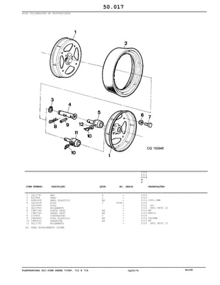 PLANTADEIRAS SLC-JOHN DEERE 710RF, 712 E 716 CQ30174 Nov98
RODA CALIBRADORA DE PROFUNDIDADE
1
2
3
4
5
6
7
8
9
10
11
CQ12781
A22884
40M1828
CQ24208
CQ22884
DQ13943
14M7166
19M7162
L18955
34M3865
58M5632
DQ12782
ARO
PNEU
ANEL ELASTICO
EIXO
EIXO
ROLAMENTO
PORCA SEXT
PARAF SEXT
CONTRAPINO
PINO ELASTICO
GRAXEIRA
ROLAMENTO
4
2
AR
2
AR
AR
2
AR
AR
4266
7
1
0
R
F
7
1
2
7
1
6
X X X
X X X
X X X
X X X
X X X
X X X
X X X
X X X
X X X
X X X
X X X
X X X
25X1,2MM
(A)
INCL KEYS 10
M8
M8X16
6X24MM
M6
INCL KEYS 10
50.017
(A) PARA ESPAÇAMENTO 400MM
-
-
-
-
-
-
-
-
-
-
-
-
ITEM NÚMERO DESCRIÇÃO QTDE OBSERVAÇÕESNO. SÉRIE
 