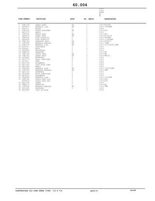 PLANTADEIRAS SLC-JOHN DEERE 710RF, 712 E 716 CQ30174 Nov98
1
2
3
4
5
6
7
8
9
10
11
12
13
14
15
16
17
18
19
20
21
22
23
24
25
26
27
28
29
30
31
32
33
34
35
36
19M7158
CQ06670
A34723
14M7168
DQ19723
14M7031
CQ06678
34M7042
CQ06628
19M7169
12M7066
24M7178
A33879
A26166
CQ06681
58M5632
14M7166
19M7162
CQ09832
CQ12775
A22325
DQ12782
DQ12783
DQ23388
24M7040
12M7006
DQ22107
CQ22688
DQ16261
CQ08586
14M7260
CQ06673
DQ21768
58M5573
12M7065
CQ21854
DQ24846
PARAF SEXT
ARRUELA LISA
BUCHA
PORCA AUTOFREN
BRACO
PORCA SEXT
PARAF SEXT
PINO ELASTICO
PINO ELASTICO
PARAFUSO SEXT
ARRUELA PRESSAO
ARRUELA LISA
LIMITADOR
MOLA
OBTURADOR
GRAXEIRA
PORCA SEXT
PARAF SEXT
RETENTOR
RODA COBRIDORA
PNEU
ROLAMENTO
CONJ RODA COBR
BRACO
ARRUELA LISA
ARRUELA PRESSAO
RETENTOR
RODA COBRIDORA
ROLAMENTO
ARRUELA LISA
PORCA SEXT DIR
PORCA SEXT ESQ
TAMPA
GRAXEIRA
ARRUELA PRESSAO
PROTECAO
CONJ DA RODA
AR
AR
2
AR
1
AR
AR
2
2
AR
AR
AR
1
1
1
2
AR
AR
2
4
2
2
2
1
AR
AR
2
2
2
2
1
1
2
2
AR
2
7
1
0
R
F
7
1
2
7
1
6
X X X
X X X
X X X
X X X
X X X
X X X
X X X
X X X
X X X
X X X
X X X
X X X
X X X
X X X
X X X
X X X
X X X
X X X
X X X
X X X
X X X
X X X
X X X
X X X
X X X
X X X
X X X
X X X
X X X
X X X
X X X
X X X
X X X
X X X
X X X
X X X
X X X
M12X45
13X38MM
M12
M12
M12X130
6X40MM
3,5X40MM
M10X35
10MM
10,5X30X2,5MM
M6
M8
M8X16
11X21X2MM
6MM
17X25MM
M16
M16
M6
5MM
60.004
-
-
-
-
-
-
-
-
-
-
-
-
-
-
-
-
-
-
-
-
-
-
-
-
-
-
-
-
-
-
-
-
-
-
-
-
-
ITEM NÚMERO DESCRIÇÃO QTDE OBSERVAÇÕESNO. SÉRIE
 