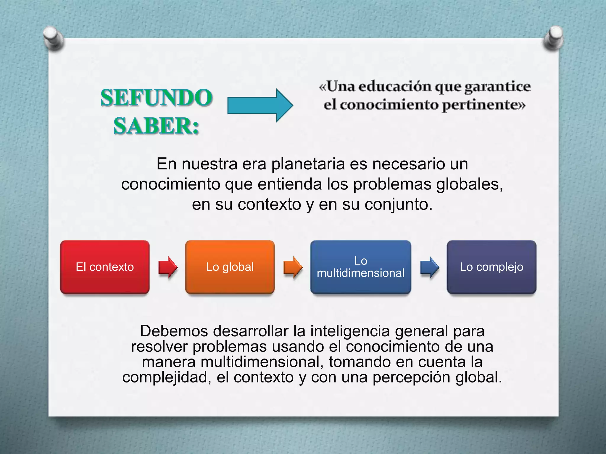 En nuestra era planetaria es necesario un
conocimiento que entienda los problemas globales,
en su contexto y en su conjunto.
El contexto Lo global
Lo
multidimensional
Lo complejo
Debemos desarrollar la inteligencia general para
resolver problemas usando el conocimiento de una
manera multidimensional, tomando en cuenta la
complejidad, el contexto y con una percepción global.
 