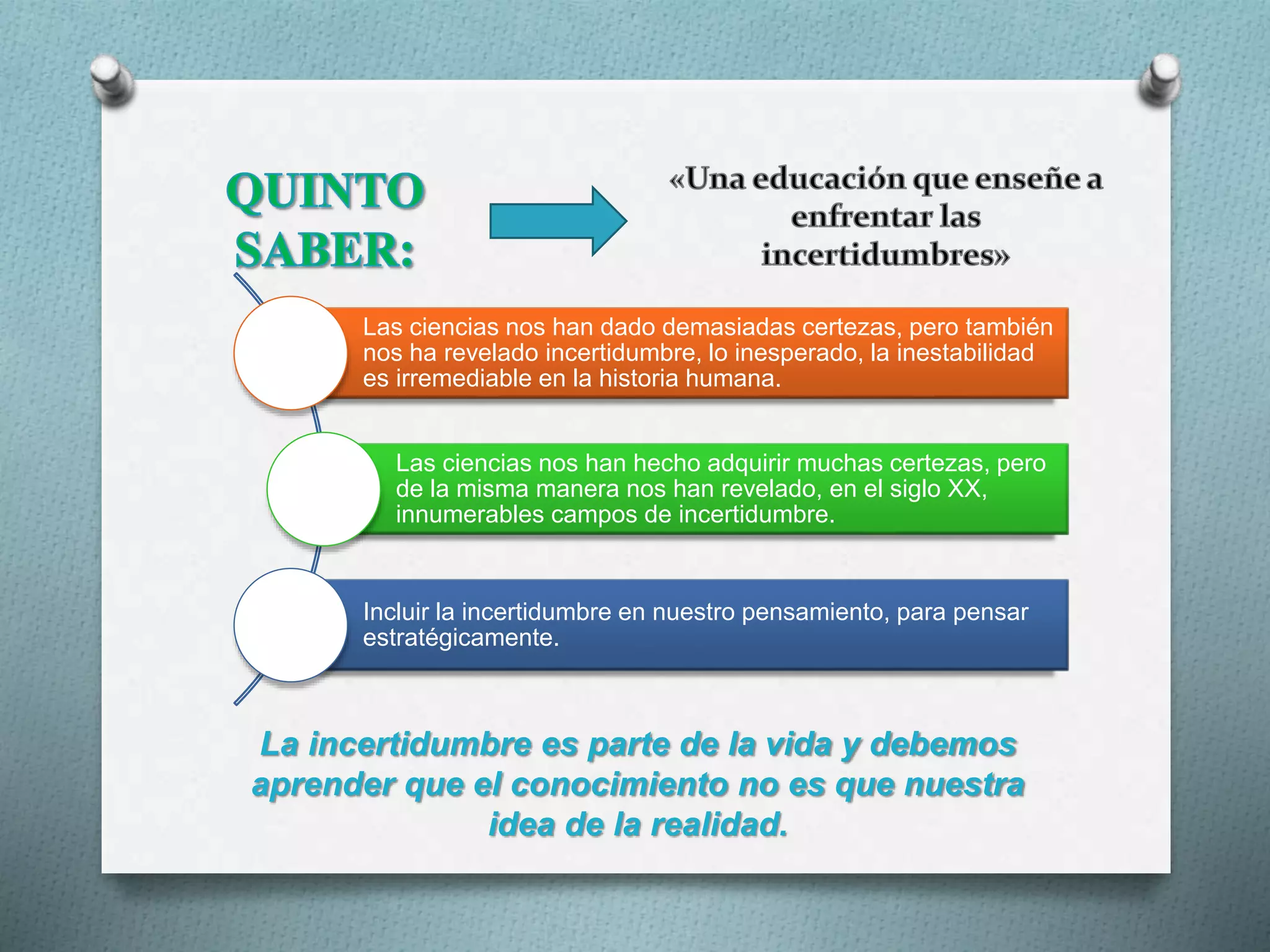 La incertidumbre es parte de la vida y debemos
aprender que el conocimiento no es que nuestra
idea de la realidad.
Las ciencias nos han dado demasiadas certezas, pero también
nos ha revelado incertidumbre, lo inesperado, la inestabilidad
es irremediable en la historia humana.
Las ciencias nos han hecho adquirir muchas certezas, pero
de la misma manera nos han revelado, en el siglo XX,
innumerables campos de incertidumbre.
Incluir la incertidumbre en nuestro pensamiento, para pensar
estratégicamente.
 