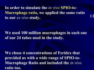 In order to simulate the in vivo SPIO-to-
Macrophage ratio, we applied the same ratio
to our ex vivo study.
We used 100 million macrophages in each one
of our 24 tubes used in the study.
We chose 4 concentrations of Feridex that
provided us with a wide range of SPIO-to-
Macrophage Ratio and included the in vivo
ratio too.
 