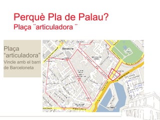 Perquè Pla de Palau?  Plaça ¨articuladora ¨ Plaça “articuladora” Vincle amb el barri de Barceloneta 