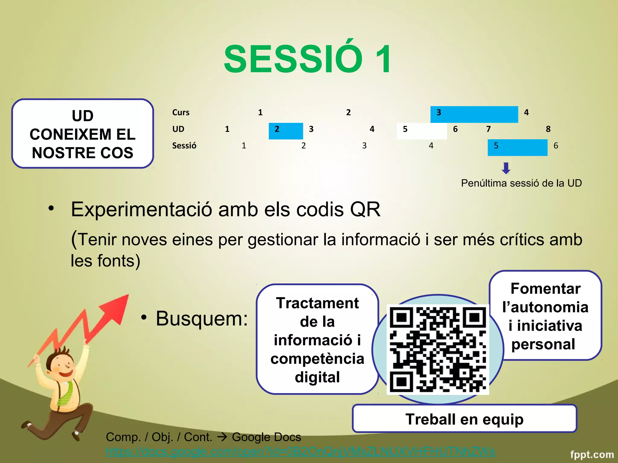 SESSIÓ 1
                   Curs             1               2                   3                       4
    UD
                   UD       1           2       3           4   5           6        7              8
CONEIXEM EL
                   Sessió       1           2           3           4                    5              6
NOSTRE COS
                                                                                Penúltima sessió de la UD

 • Experimentació amb els codis QR
   (Tenir noves eines per gestionar la informació i ser més crítics amb
    les fonts)
                                                                                               Fomentar
                                         Tractament                                          l’autonomia
              • Busquem:                    de la                                             i iniciativa
                                        informació i                                           personal
                                        competència
                                           digital

                                                                Treball en equip
         Comp. / Obj. / Cont.  Google Docs
         https://docs.google.com/open?id=0B2OnQnjVMxZLNlJXVHFHUTNhZWs
 